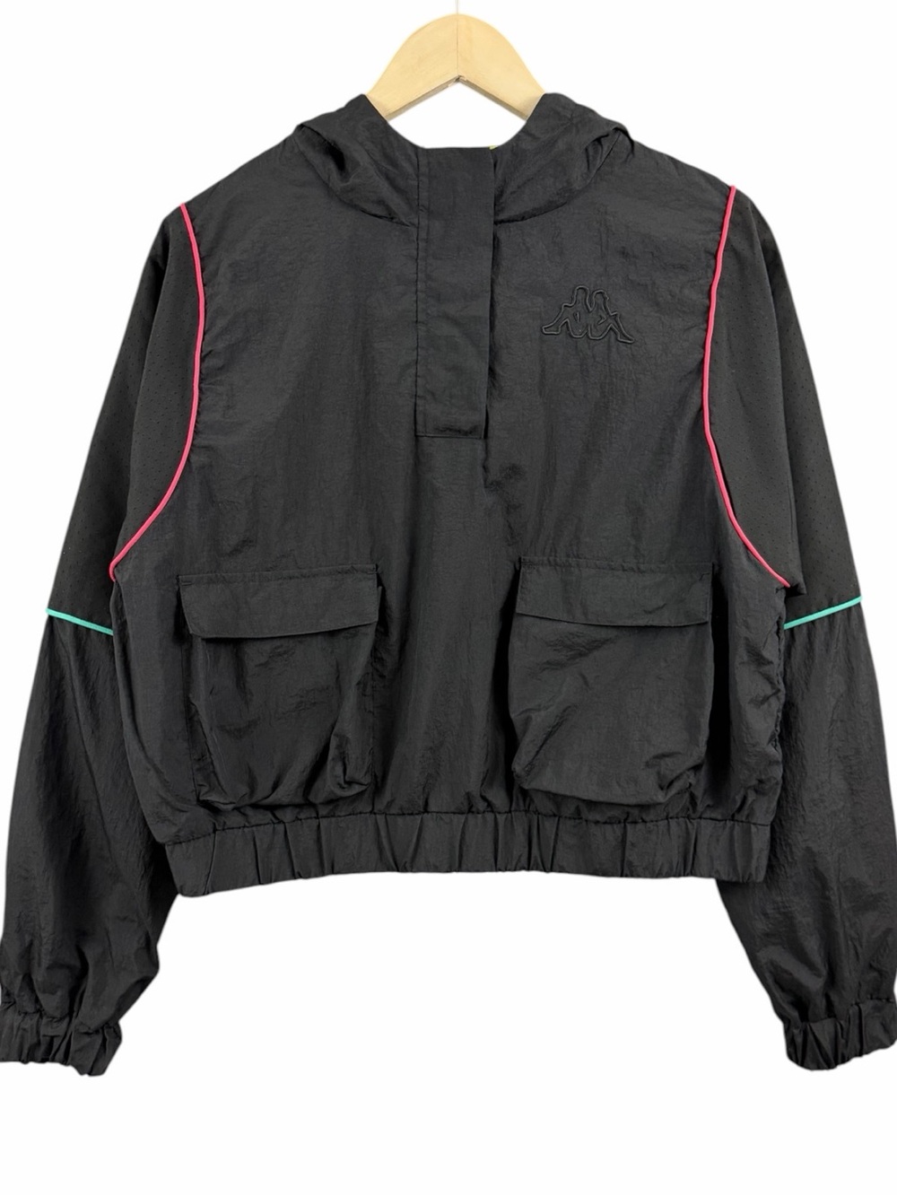 Kappa Cropped Black Pullover Windbreaker Colourblock Logo Size Medium
